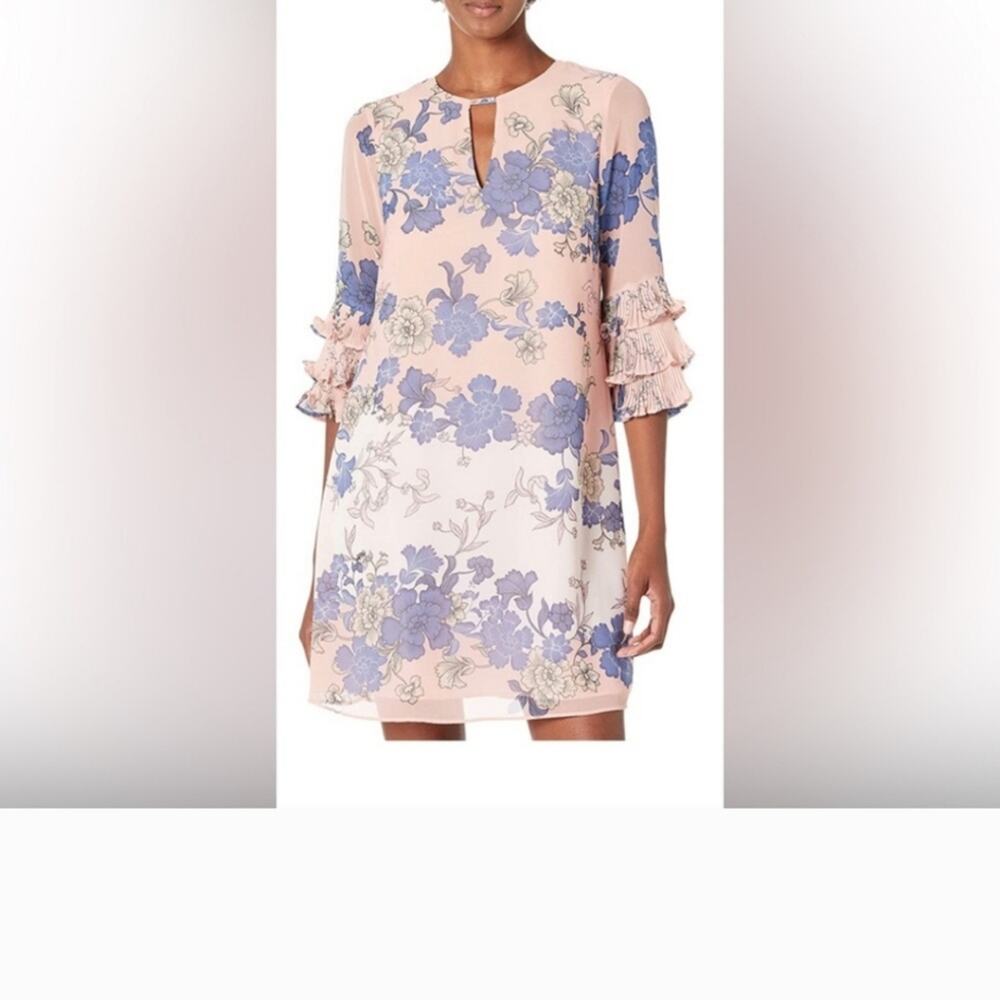 Vince Camuto Peach and Blue Floral Shift dress with Ruffle Sleeves